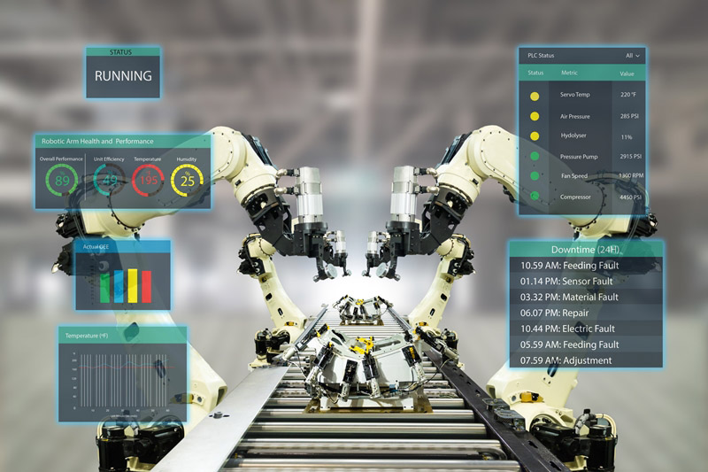 IoT industry 4.0 concept. Smart factory using automation robotic arms with augmented mixed virtual reality technology