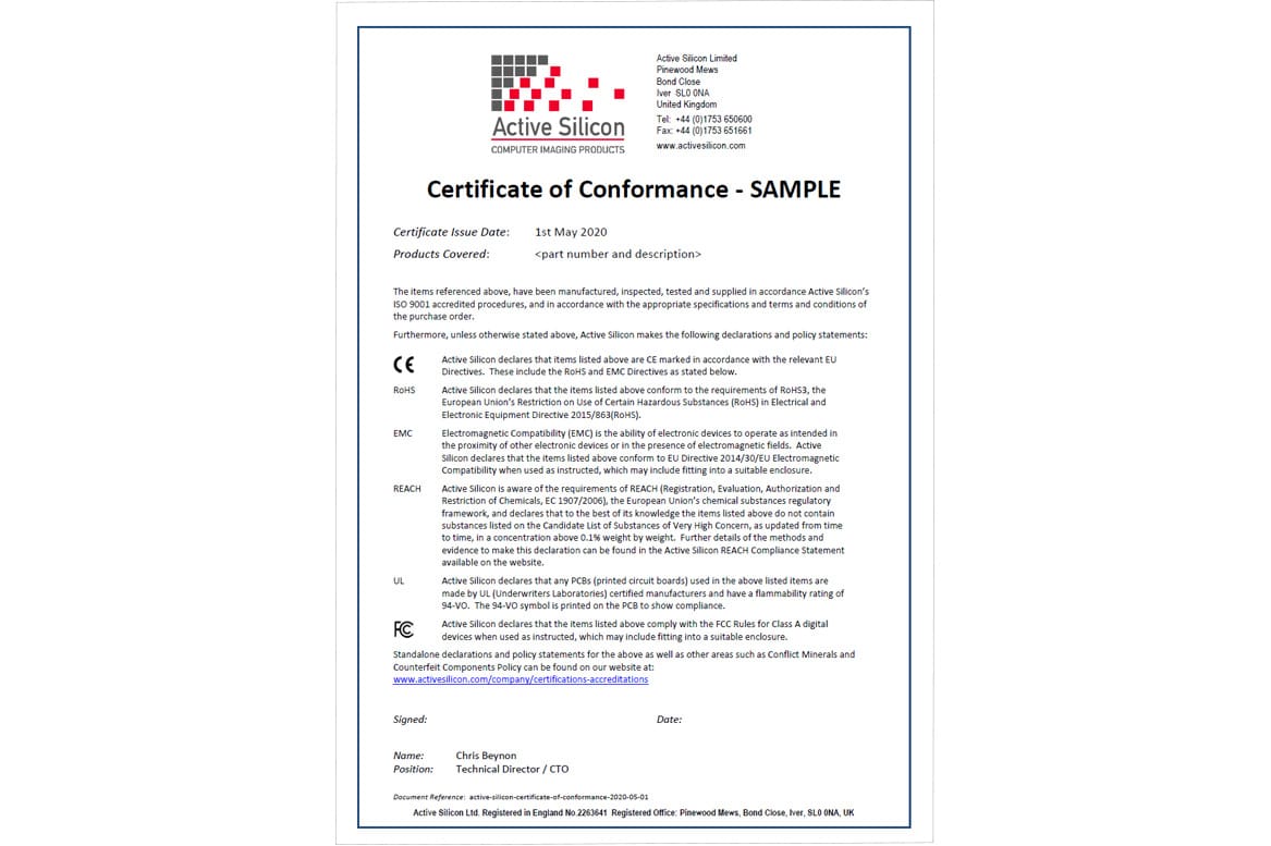 Certifications and Accreditations  Active Silicon Throughout Certificate Of Compliance Template
