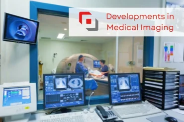 Healthcare setting with MRI scanner and medical images on display