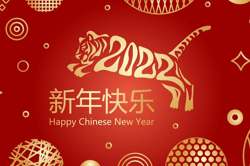 Red and gold image with a tiger and happy new year text