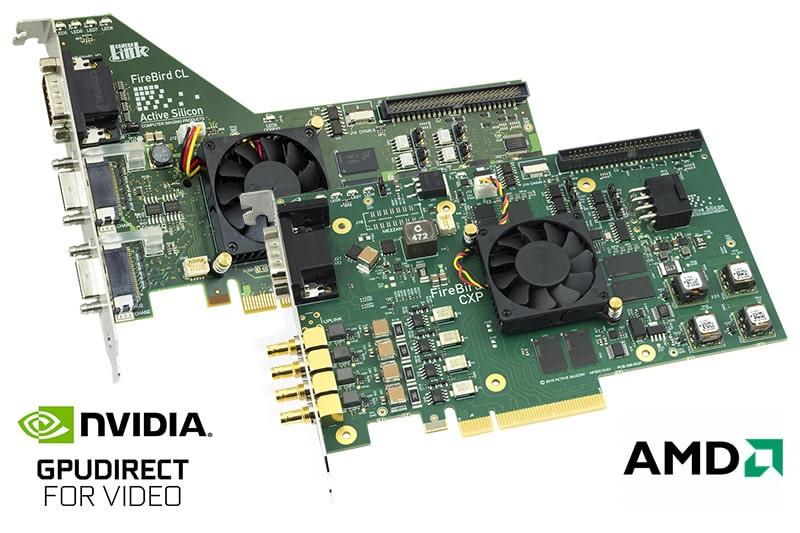 FireBird CoaXPress and Camera Link frame grabber and logos for GPUDirect for Video (NVIDIA) and AMD