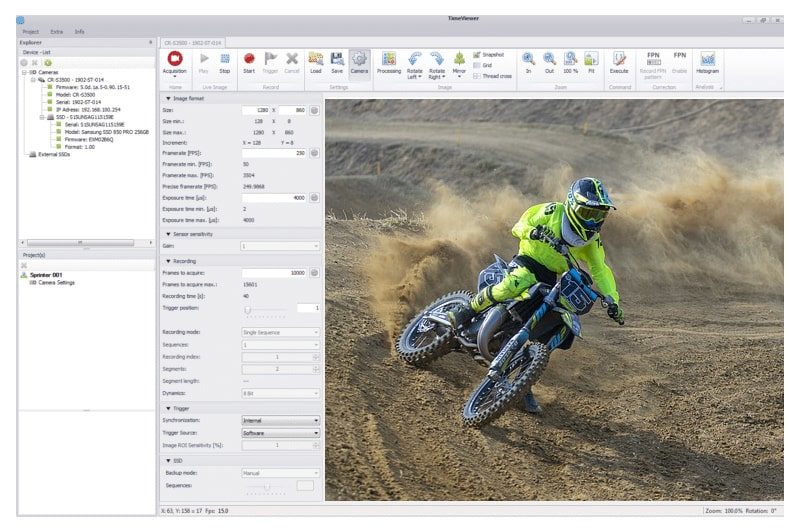 screen shot showing Optronis software capturing moving motorcycle along with features of the software