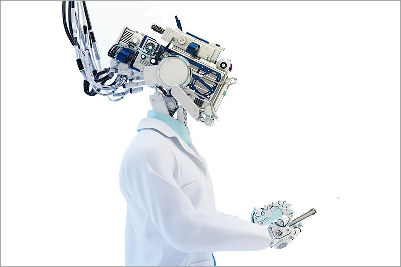 Robot in a white coat holding a tablet