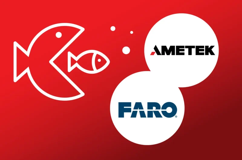 Large fish swallowing small fish and AMETEK and FARO logos