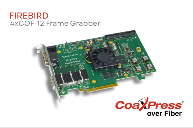 FireBird CXP over Fiber frame grabber with CoaXPress logo and product label