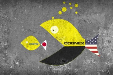 A large fish with Cognex branding swallowing a small fish with Moritex branding