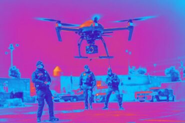 Thermal image of police personnel watching a drone in flight