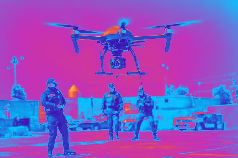 Thermal image of police personnel watching a drone in flight