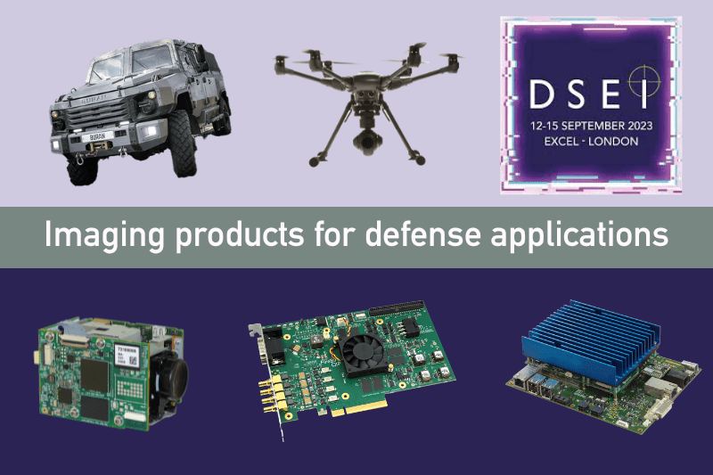 Imaging products, a drone, an armoured vehicle and the DSEI logo