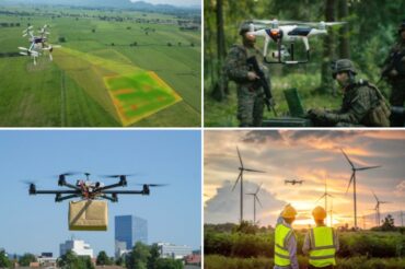 four images of drones being used for delivery, inspection, agriculture and surveillance