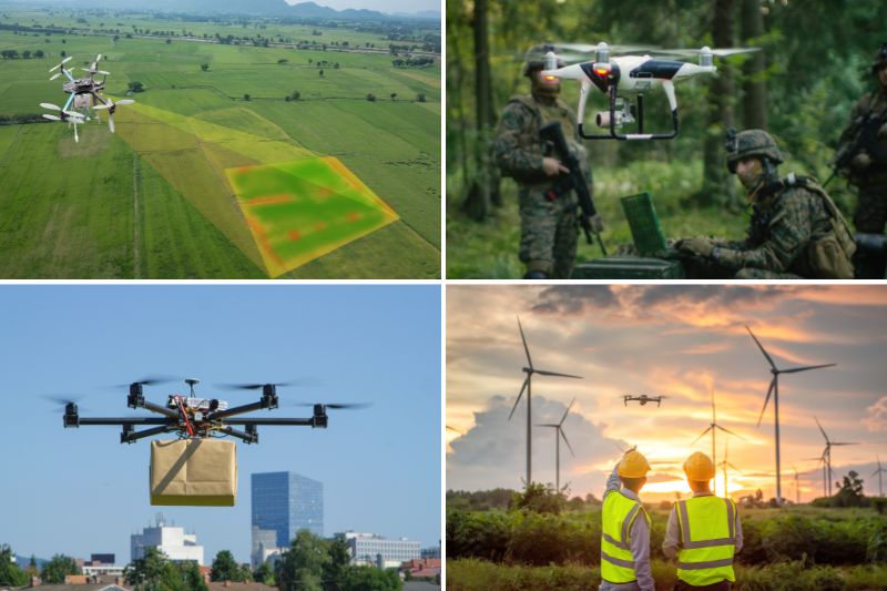 images of drones being used for farming, shopping and surveillance