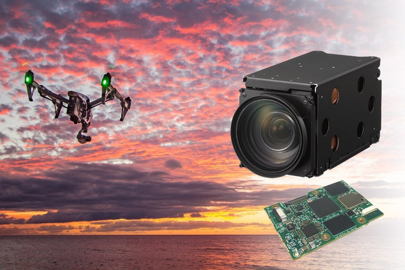 A drone against a vibrant sun set and pictures of the Sony camera and Harrier interface board