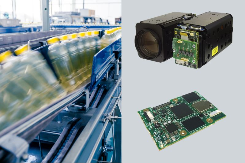 Harrier 36x IP Global Shutter camera and separate camera interface board with a fast moving conveyor belt of bottles