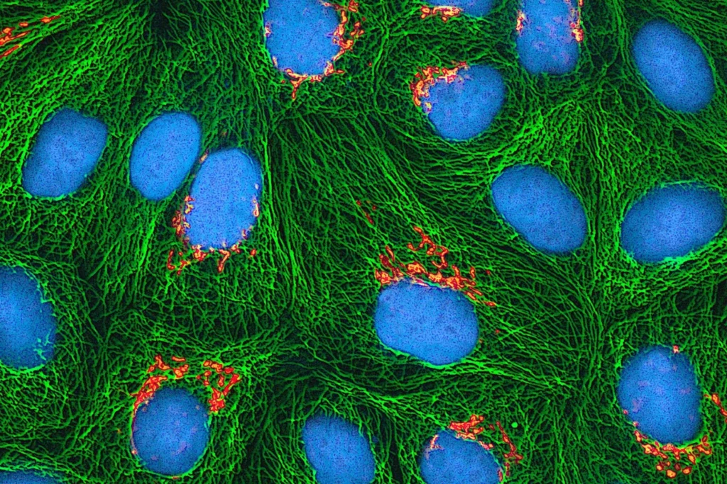 Hela cells imaged with fluorescent microscopy