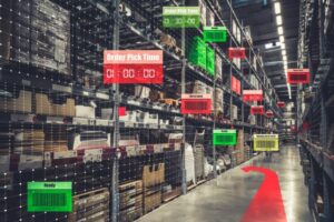 Shelves in a warehouse with floating digital labels 