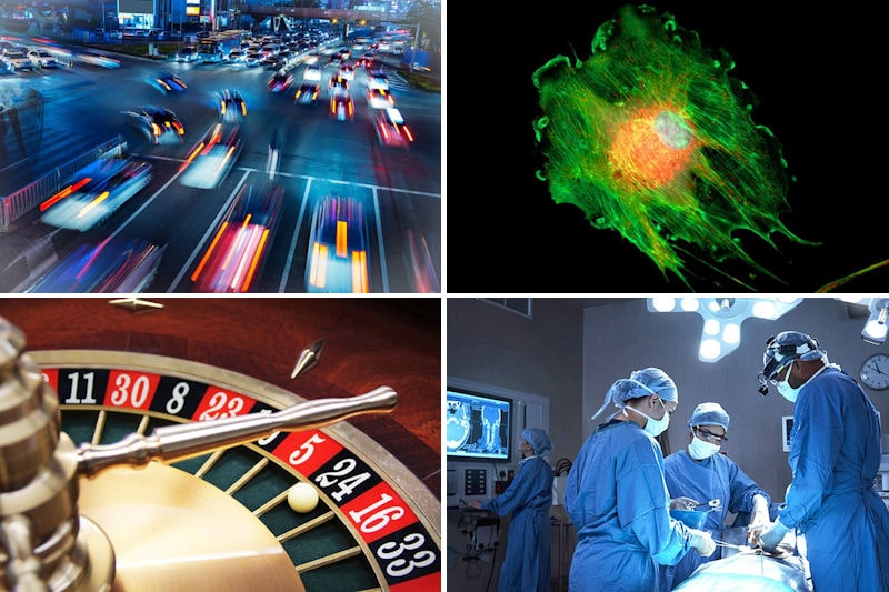 Photos from application areas for computer vision: medical imaging, healthcare, gaming and transport