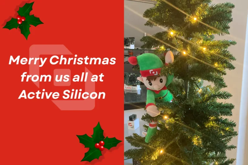 An elf in a Christmas tree with a festive message