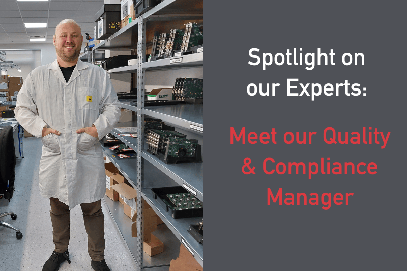 Quality and Compliance Manager standing next to shelves of frame grabbers