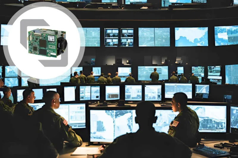 Military personnel watching surveillance screens
