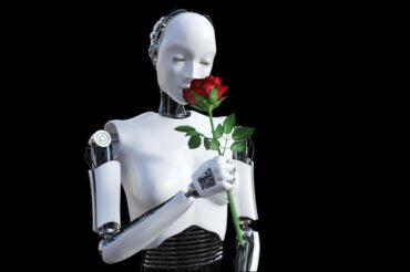 Robotic figure smelling a rose