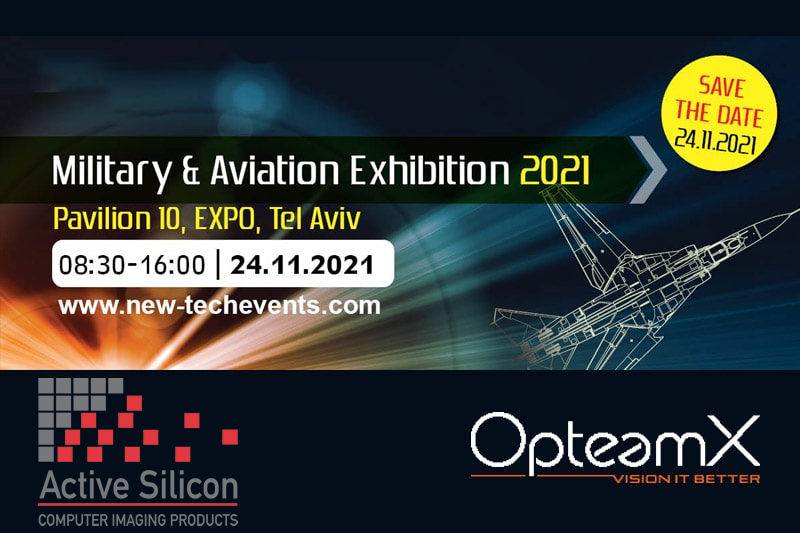 Military & Aviation Exhibition logo with company logos of OpteamX and Active Silicon