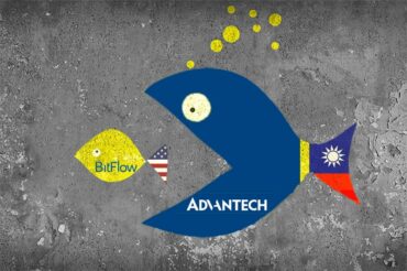 A large fish representing Advantech swallowing a small fish representing Bitflow