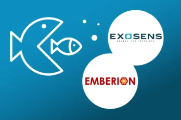 Small fish being swallowed by a big fish and Exosens and Emberion logos