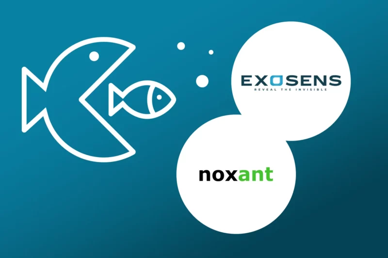 Large fish swallowing small fish with Exosens and Noxant logos.
