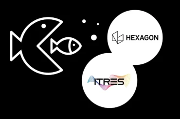 Large fish swallowing small fish with Hexagon and ITRES logos