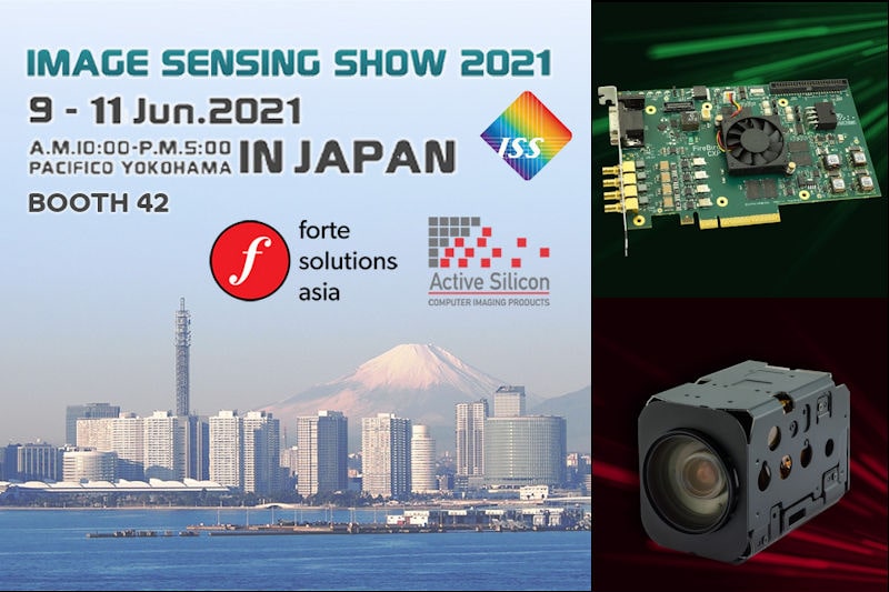 Show logo from ISS Japan 2021 with image of frame grabber and camera