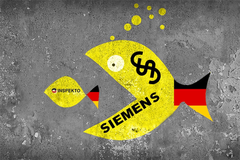 Large fish representing Siemens swallowing a small fish representing Inspekto