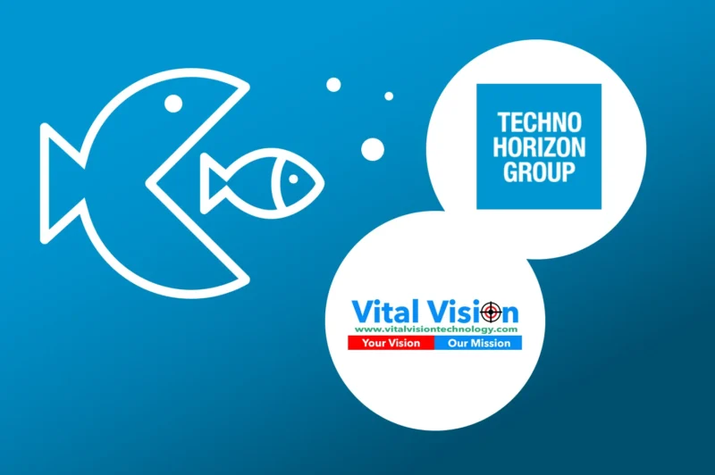 large fish swallowing a small fish and company logos on a blue background