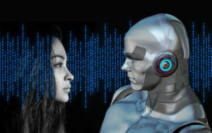 A real woman looking at a robot with binary code around them