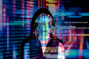 A woman with computer code superimposed over her