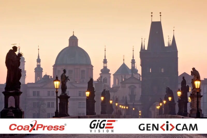 Photo of Prague with CoaXPress, GenICam and GigE logos