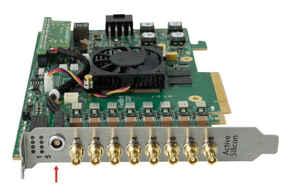 FireBird 8xCXP-12 frame grabber with front panel IO, showing the front panel