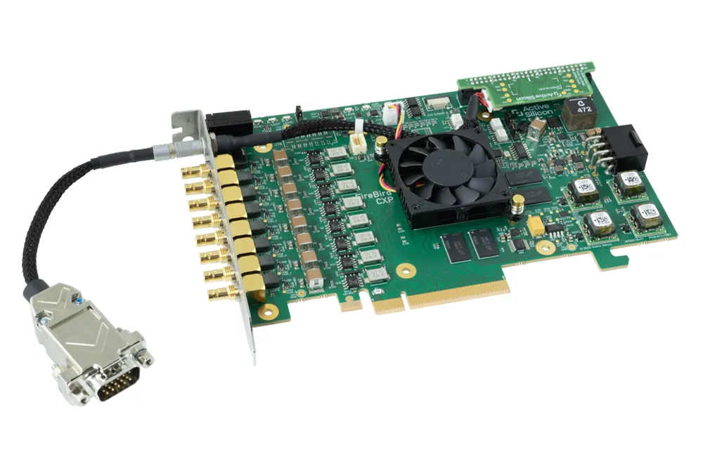 FireBird 8xCXP-12 frame grabber with front panel IO; board with adapter cable