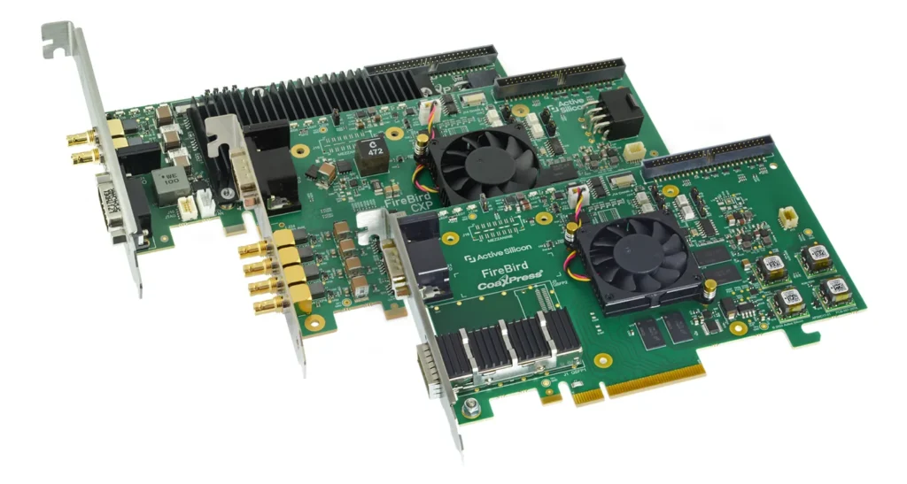 Three FireBird CoaXPress frame grabbers, including the 2xCXP12, the 4xCXP12 and the 4xCOF12 board